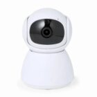 White and black security camera with a rounded design, facing forward.