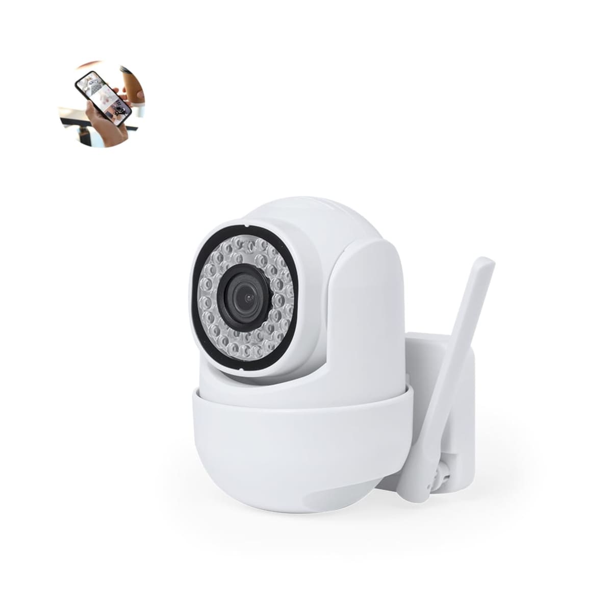 White security camera with antenna, inset image of a person using a smartphone app.