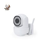 White security camera with infrared LEDs and smartphone screen in the corner.