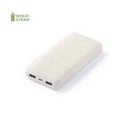 Eco-friendly white power bank with dual USB ports and Wheat Straw label.