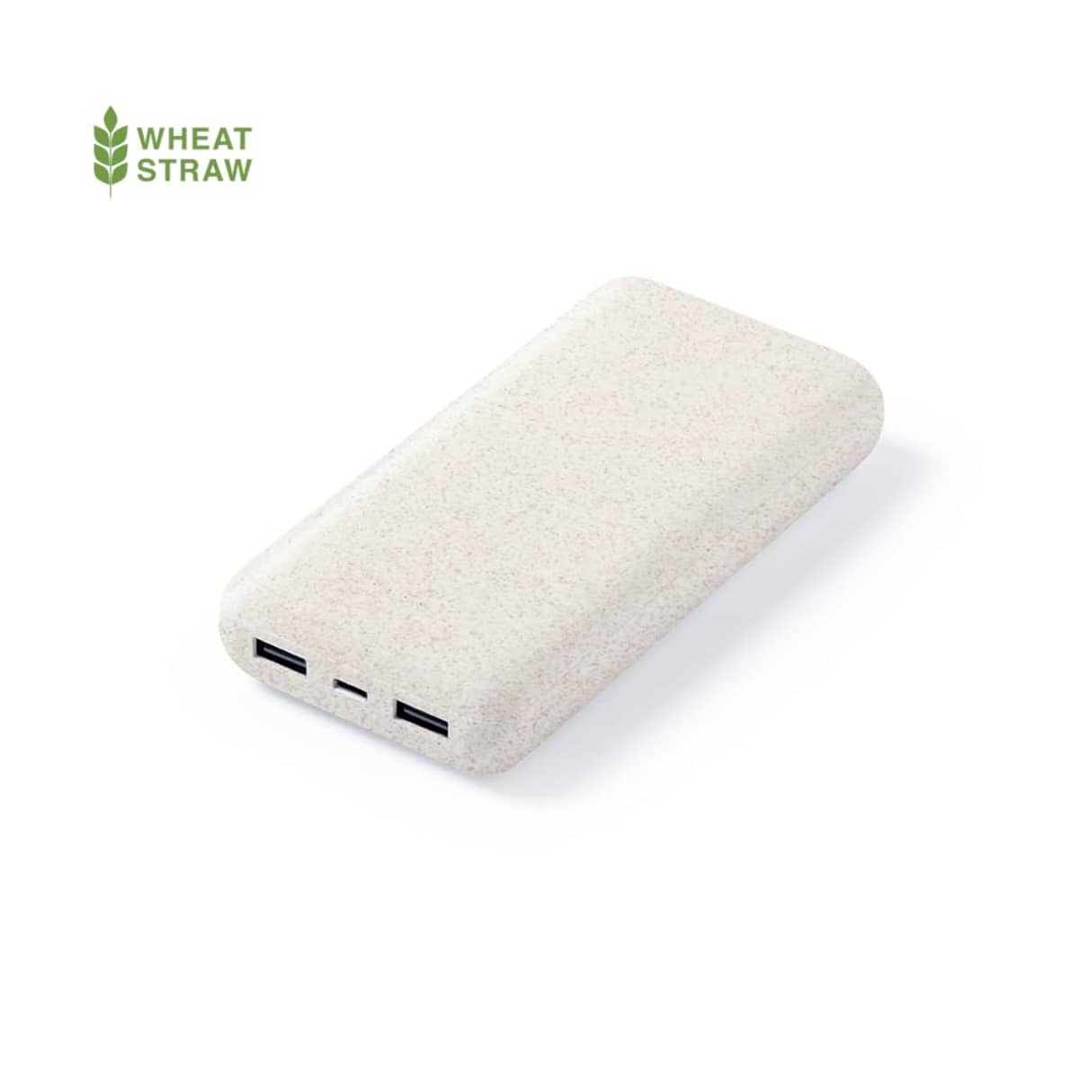 Eco-friendly white power bank with dual USB ports and Wheat Straw label.