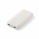 Rectangular power bank with a textured, light-colored surface and multiple USB ports.
