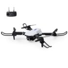 A black-and-white drone with a camera, shown with a remote control.