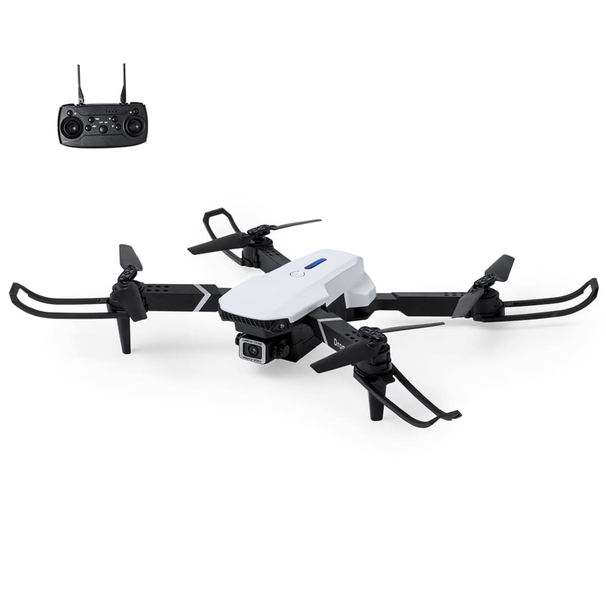 A black-and-white drone with a camera, shown with a remote control.