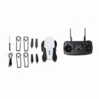 Drone with controller, propellers, guards, charger cable, and screwdriver.