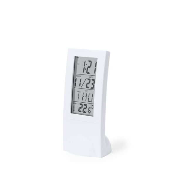 Digital clock displaying time, date, day, and temperature on a simple white stand.