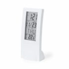 Digital clock with date and temperature display on a white stand.