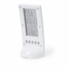 White digital desk clock with buttons and multiple display screens.