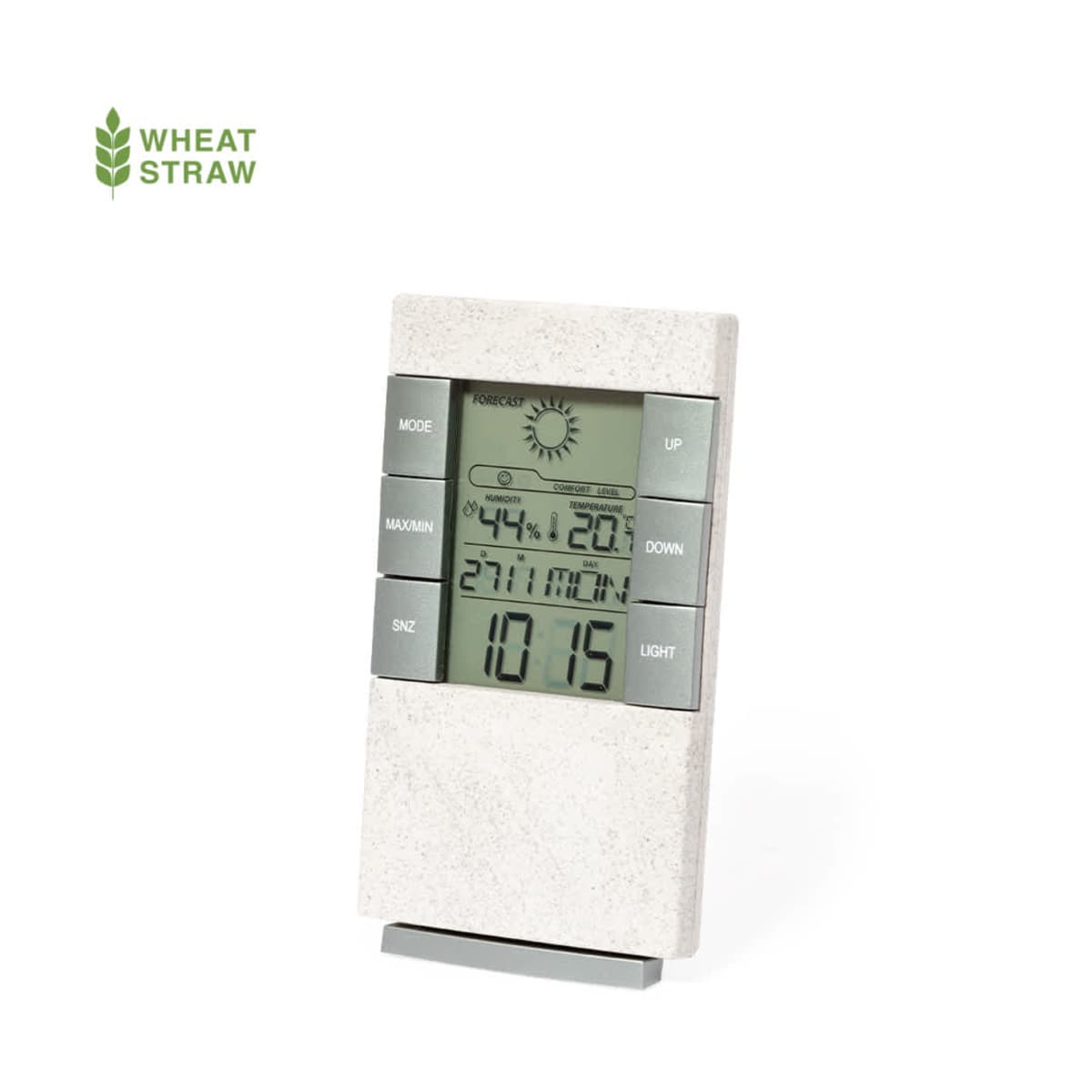 Digital desk clock with weather display and buttons, labeled Wheat Straw.