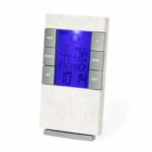 Digital weather station with blue LCD display and gray buttons.