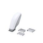White electric hair clipper with two adjustable attachment combs on a white background.