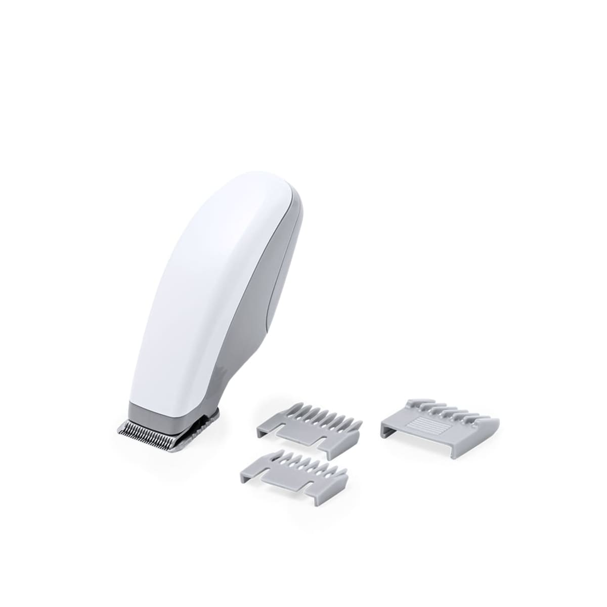 White electric hair clipper with two adjustable attachment combs on a white background.