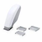 White electric hair clipper with three detachable gray comb attachments.