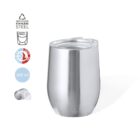 Stainless steel tumbler with clear lid, 340ml capacity, double wall, and eco-friendly symbols.