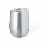 A stainless steel tumbler with a clear plastic lid on a white background.