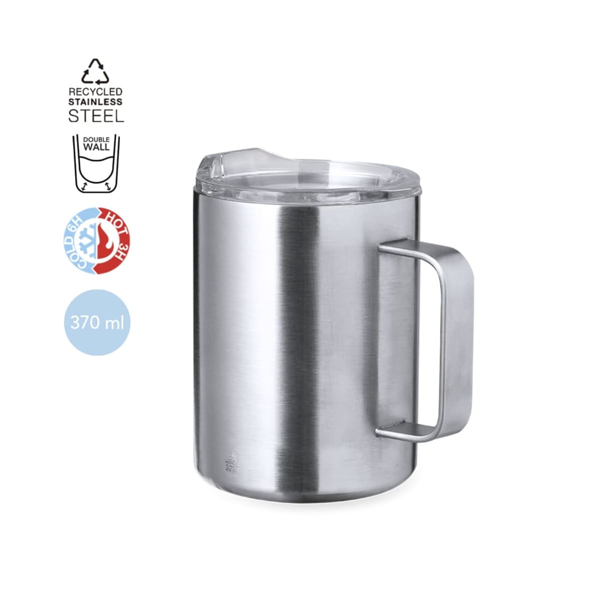 Stainless steel insulated mug with handle and clear lid, 370 ml capacity, eco-friendly.