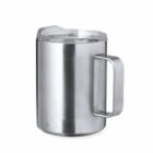 Stainless steel mug with a lid and large handle on a white background.