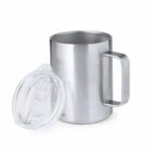 Stainless steel mug with a clear plastic lid beside it on a white background.