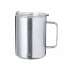 Stainless steel mug with a clear plastic lid and a handle, on a white background.