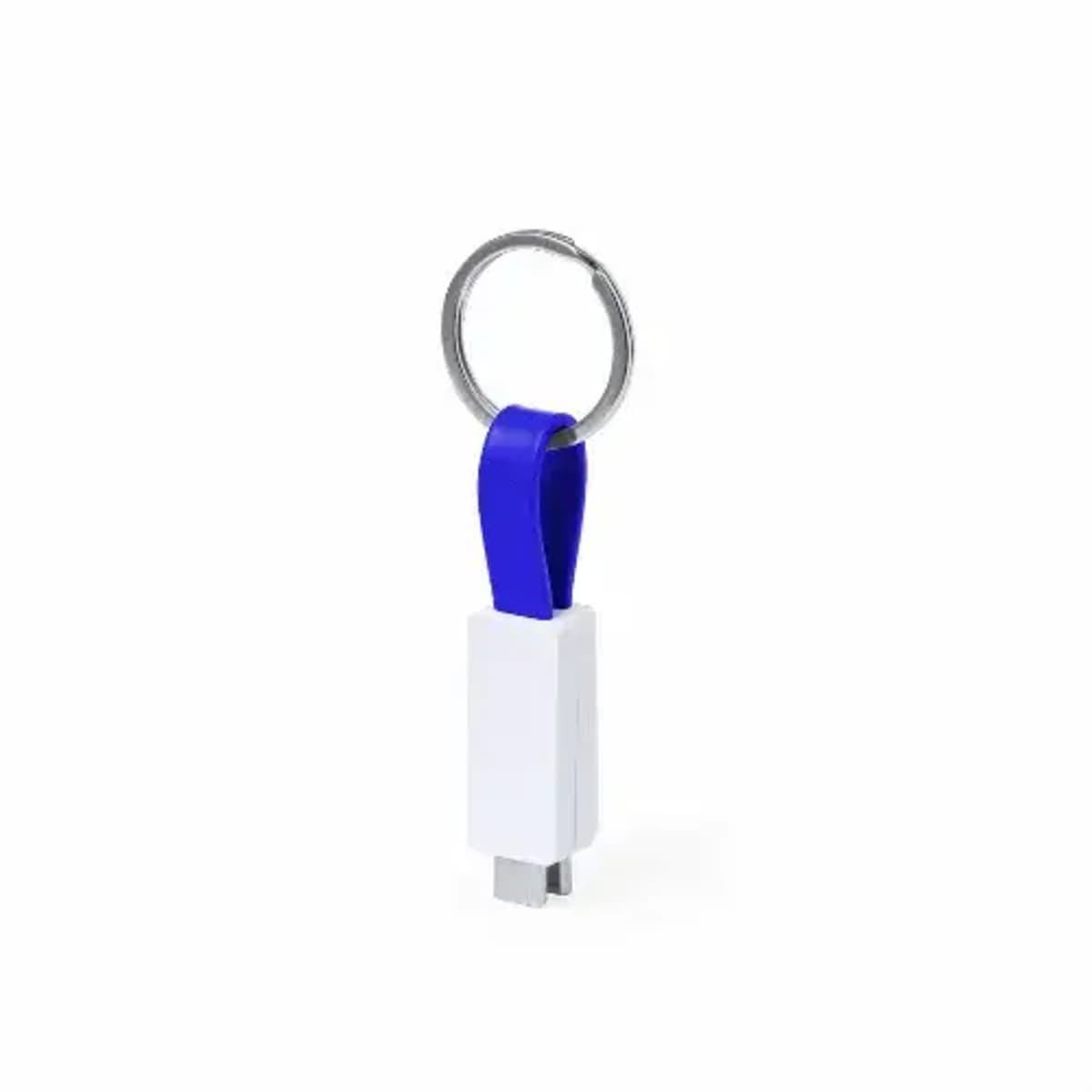 Blue and white keyring with USB connectors on both ends.