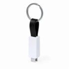 White USB stick with black loop and silver keyring attached.