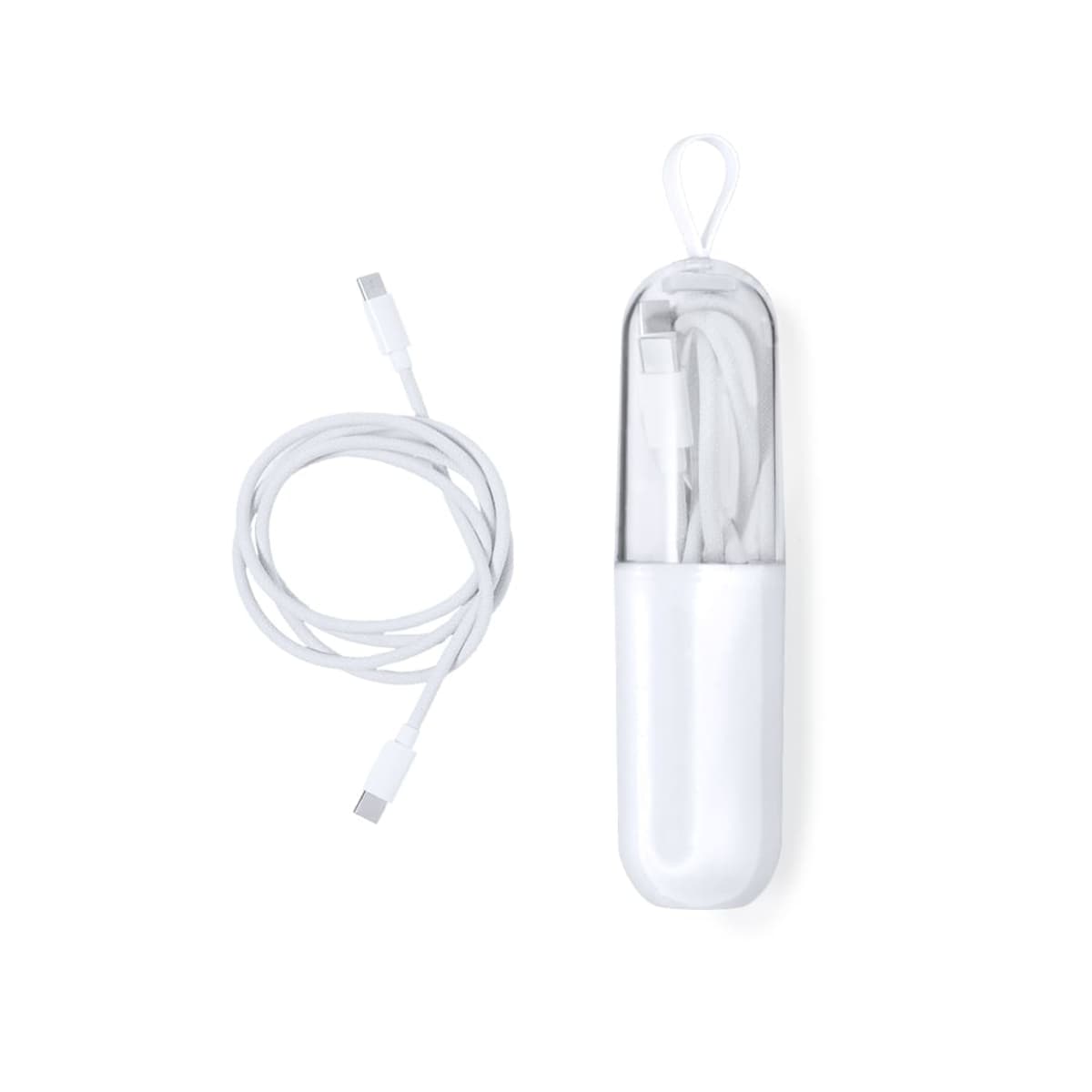 White charging cable next to a white storage case with another cable inside.