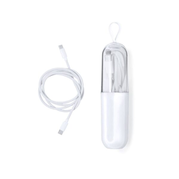 White charging cable next to its storage case, both on a plain white background.