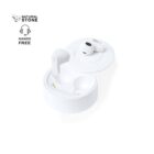 White wireless earbuds in an open charging case with Natural Stone and Hands Free text.