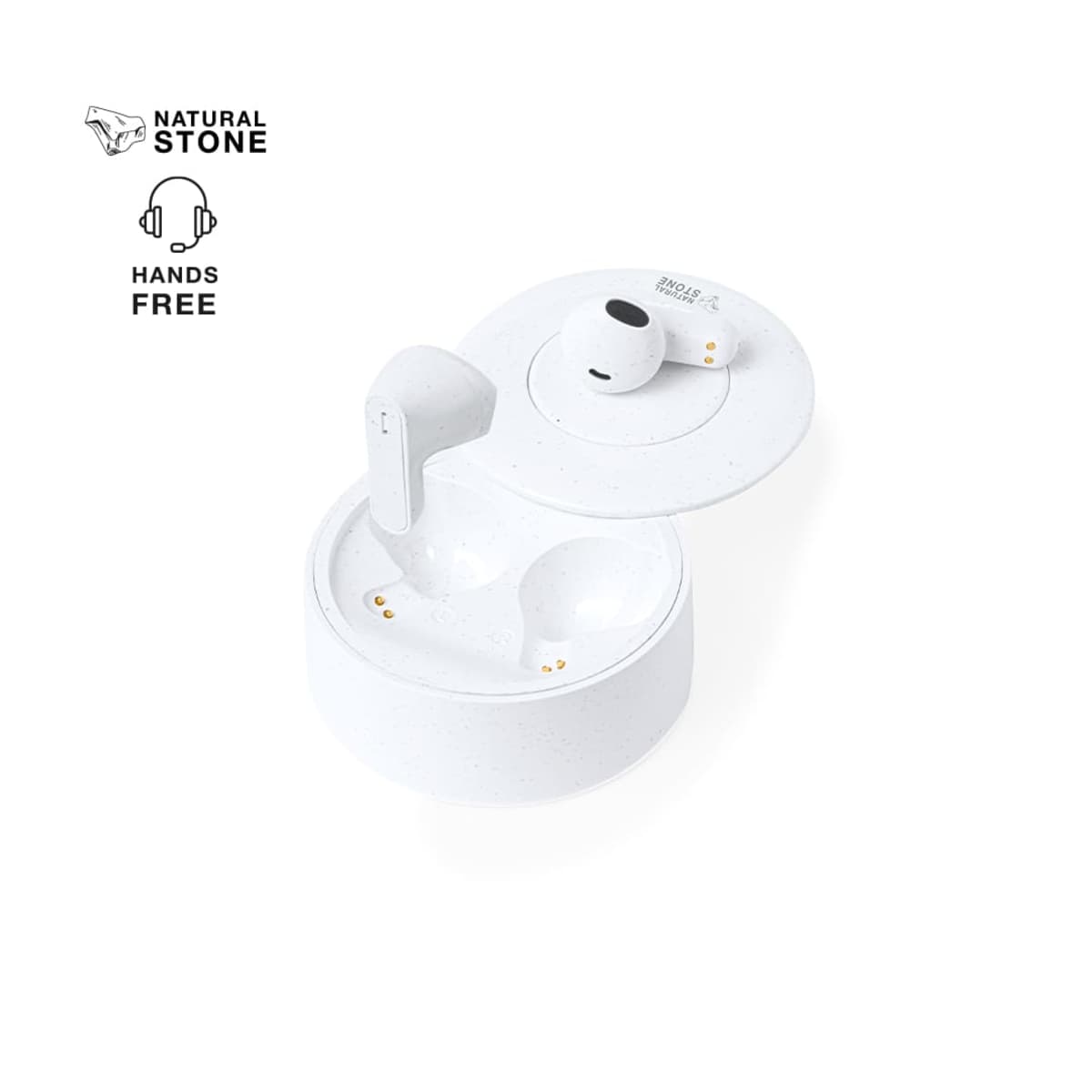 White wireless earbuds in an open charging case with Natural Stone and Hands Free text.
