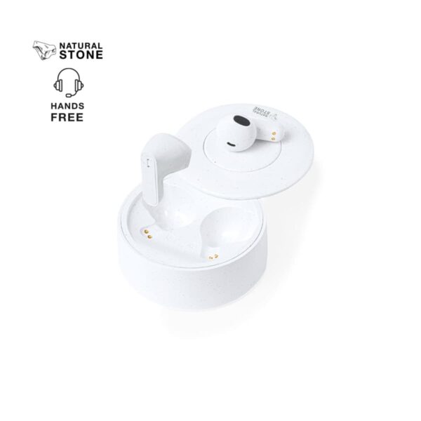 White wireless earbuds with an open charging case, labeled natural stone and hands free.