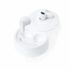 White wireless earbuds with a charging case on a white background.