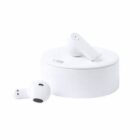 White wireless earbuds with charging case.