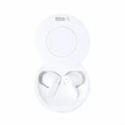 White wireless earbuds in an open round charging case.