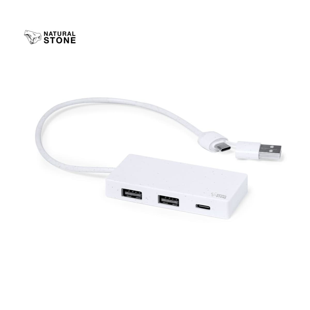 White USB hub with two USB ports and a USB-C port.