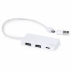 White USB hub with two USB-A ports, one USB-C port, and a connected USB cable.