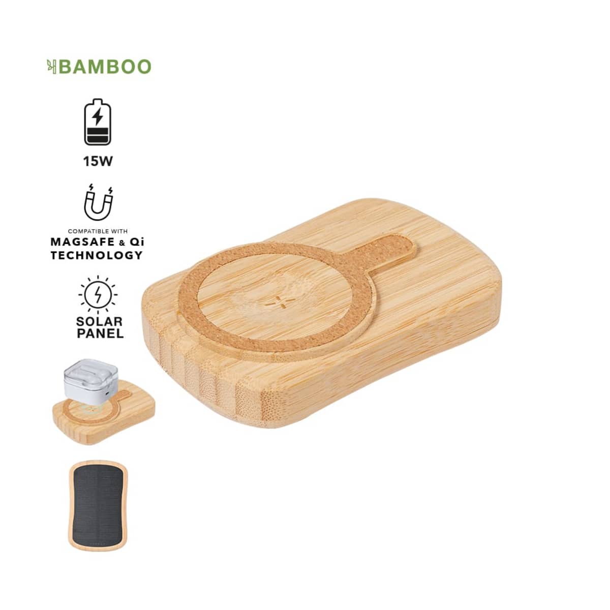 Rectangular bamboo MagSafe wireless charger with a solar panel and Qi technology icons.