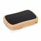 Rectangular bamboo solar power bank with black solar panel on top, shown on white background.