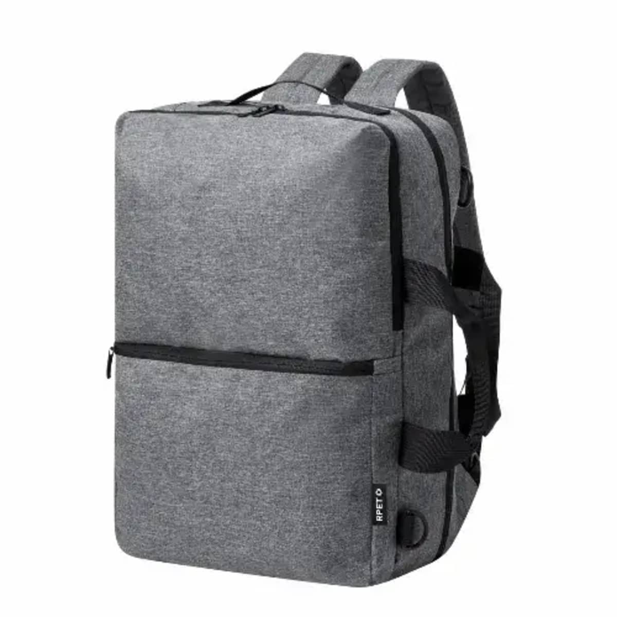 Gray rectangular backpack with black zippers and adjustable straps.