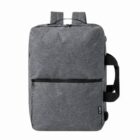 Gray rectangular backpack with front pocket and dual top handles.