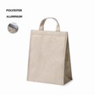 Beige insulated lunch bag made of polyester and aluminum, with a handle on top.