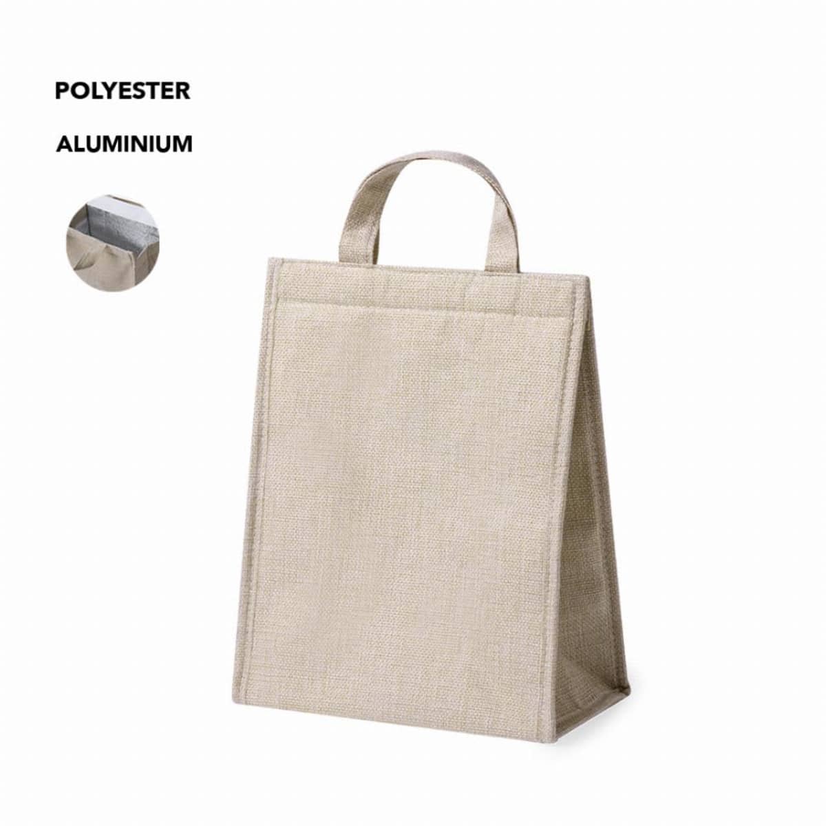 Beige insulated lunch bag made of polyester and aluminum, with a handle on top.