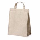 Beige fabric lunch bag with a handle, standing upright.