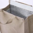 Beige insulated tote bag with open silver interior, shown from a top angle.