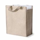 Beige reusable jute bag with handles, standing upright.
