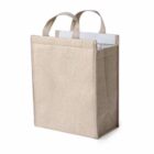 Beige insulated tote bag with two handles, standing upright.