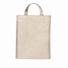 Beige tote bag with fabric handles on a white background.