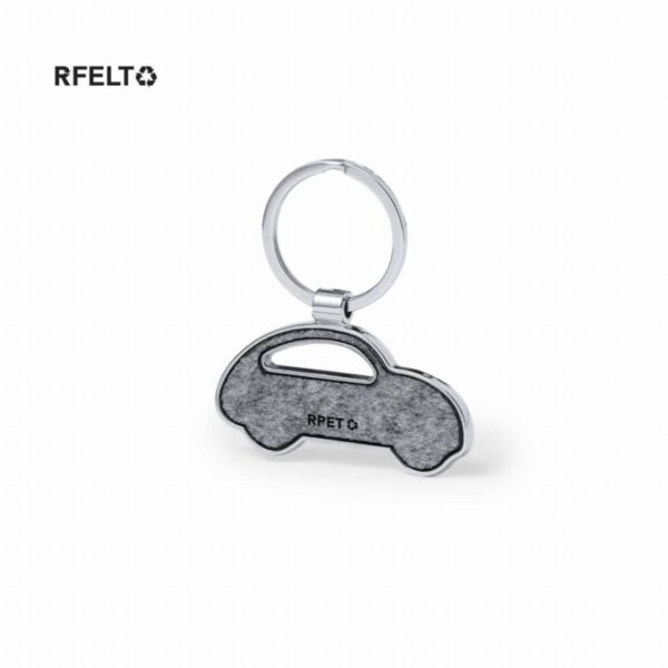 Car-shaped keychain with RFELTO and recycling symbol.