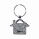 Silver house-shaped keychain with a small triangular cutout and RPET text.