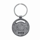 Silver keyring with a round gray RPET pendant, featuring a small cutout design.