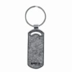 Rectangular metal keychain with RPET logo and key ring on top.